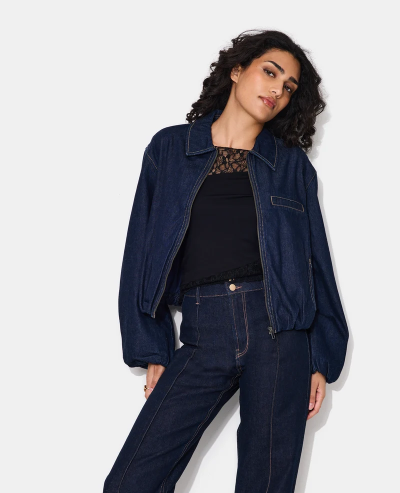 Veste boule en jean avec col chemise