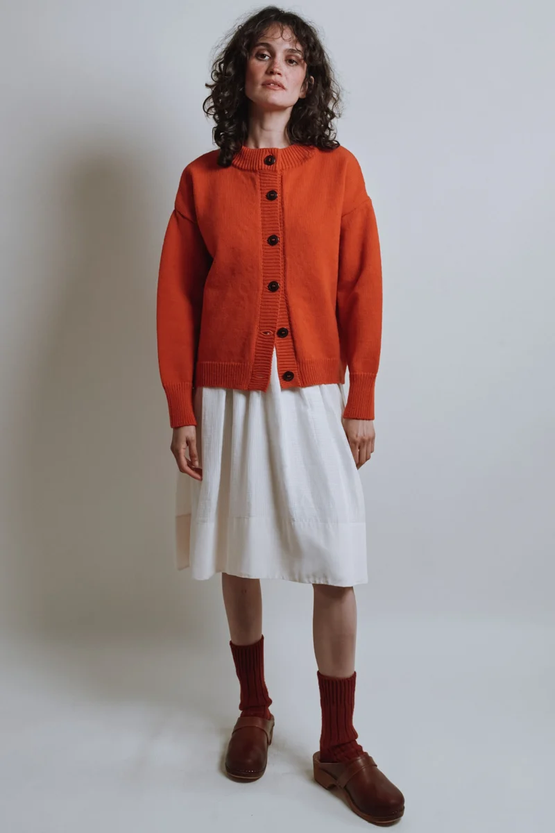 SANDRA Funnel-Neck Cardigan in Merino Wool - Burnt Orange