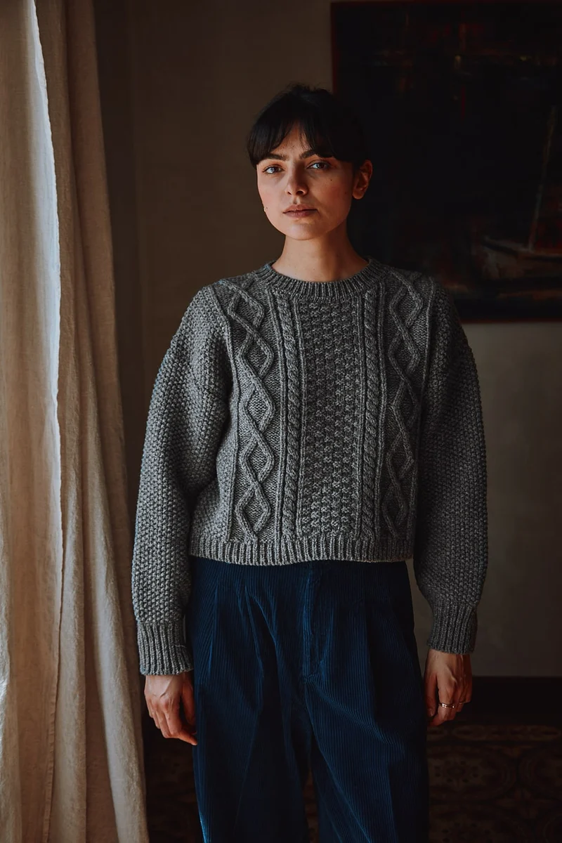 PAOLA Irish Cable Sweater in Merino Wool - Ash Grey