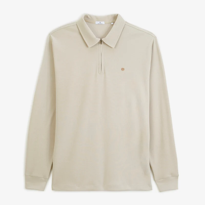 Polo zippé manches longues en coton interlock beige