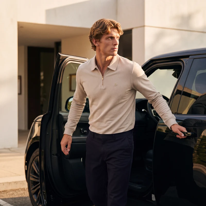 Polo zippé manches longues en coton interlock beige