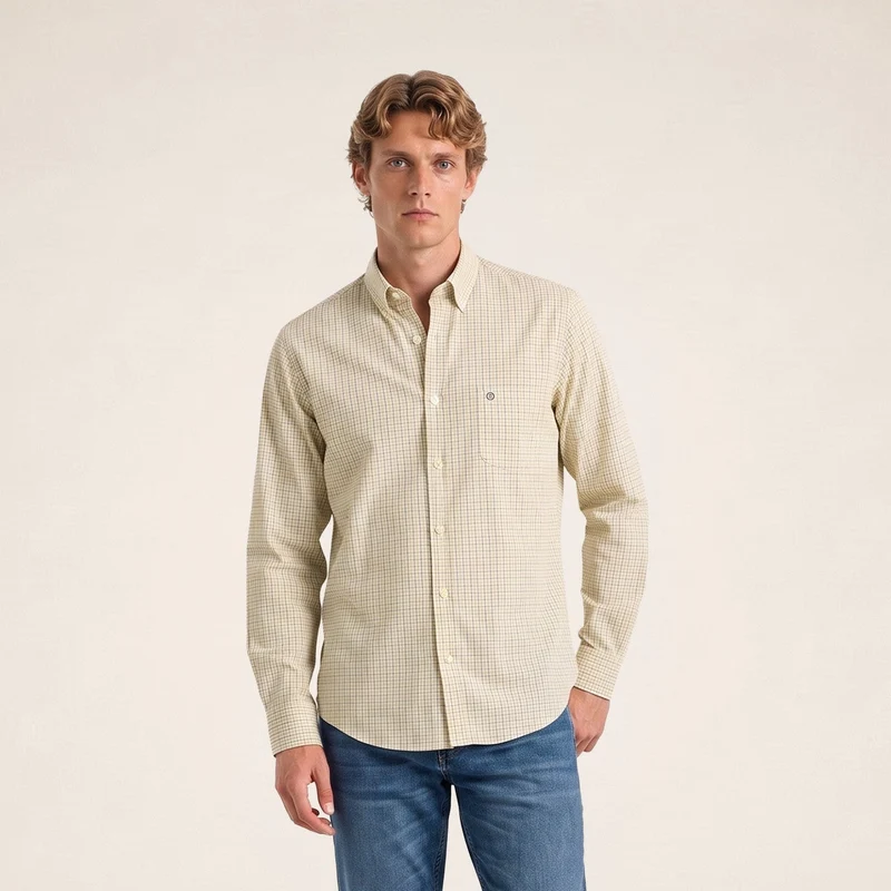 Chemise manches longues coton à carreaux jaune moutarde
