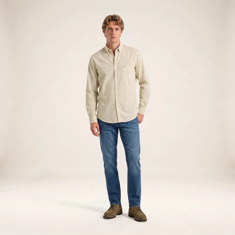 Chemise manches longues coton à carreaux jaune moutarde