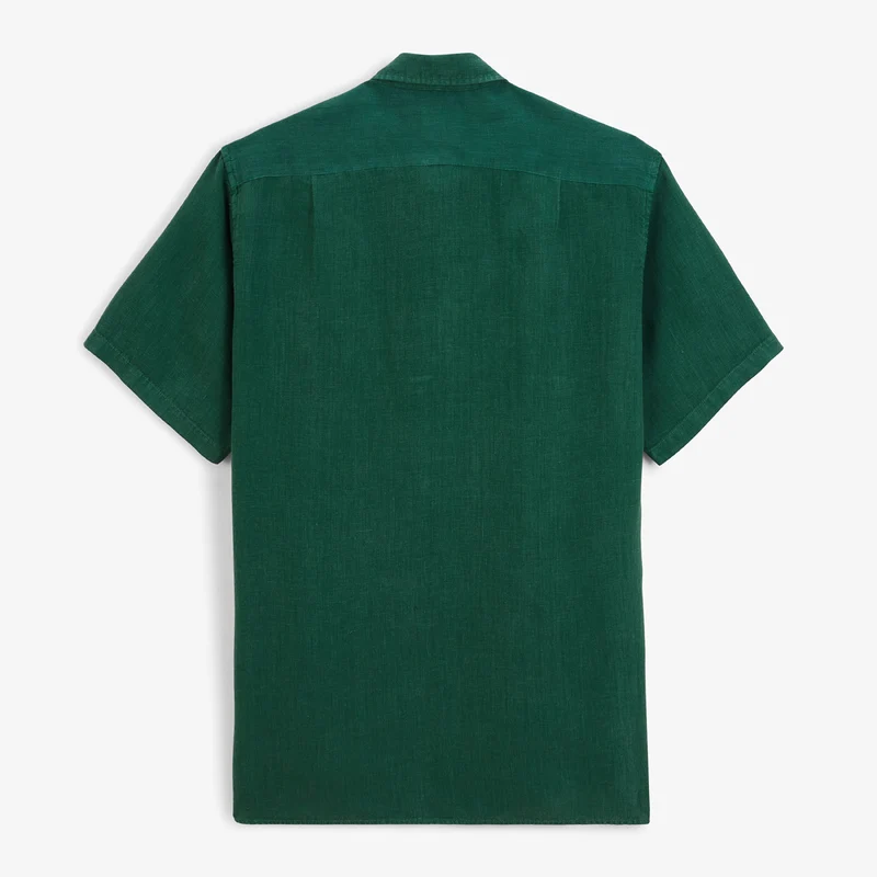 Chemise manches courtes unie en lin vert olive
