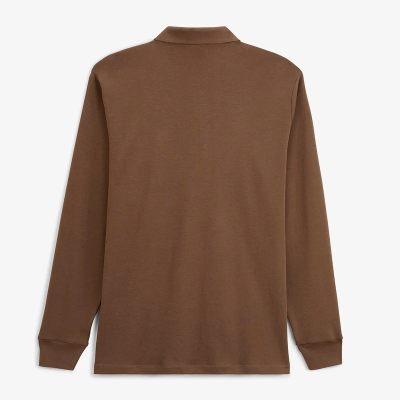 Polo zippé manches longues en coton interlock marron