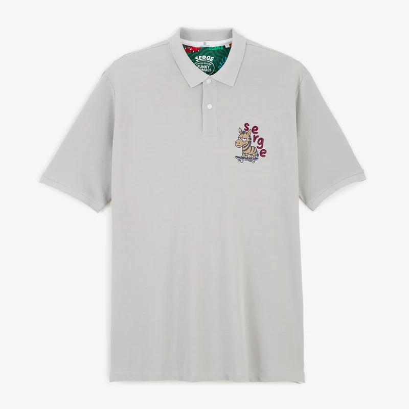 Polo piqué manches courtes coton gris brodé Funky Animals
