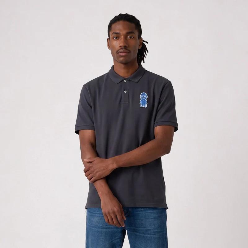 Polo piqué pilote manches courtes coton broderie bouclette gris Pilote SBPLAY