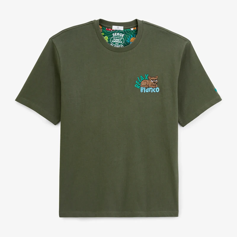 T-shirt manches courtes coton vert thym badge brodé Funky Animals Thor