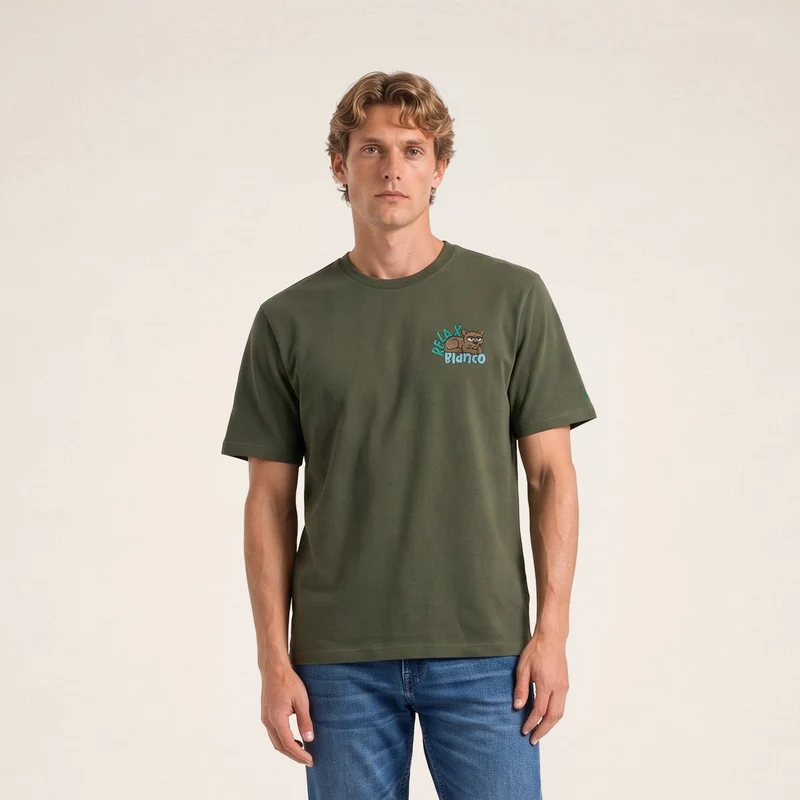 T-shirt manches courtes coton vert thym badge brodé Funky Animals Thor