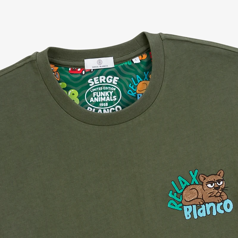 T-shirt manches courtes coton vert thym badge brodé Funky Animals Thor