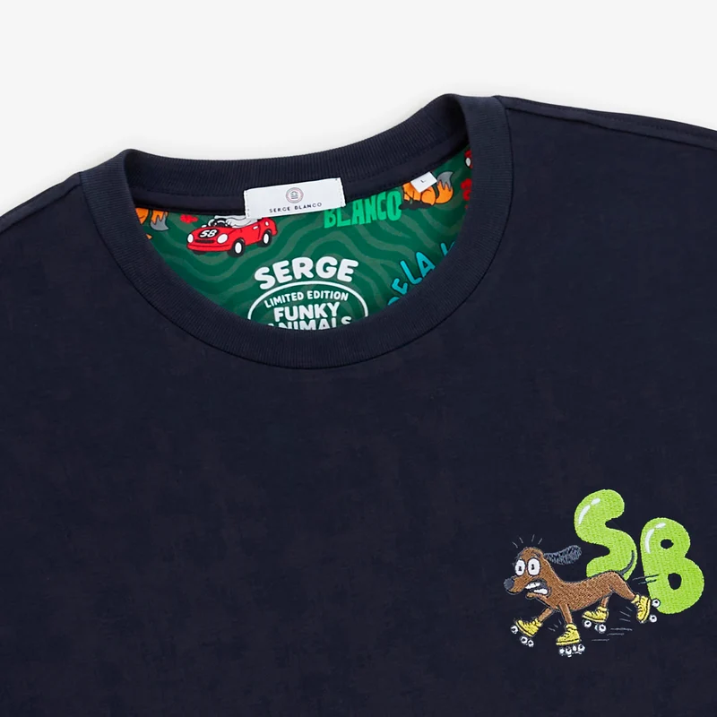 T-shirt manches courtes coton bleu marine foncé badge brodé Funky Animals Thor
