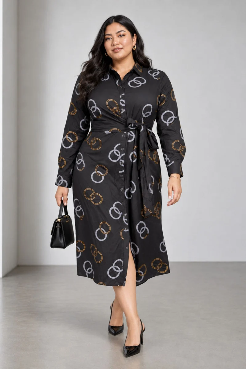 Cygna|Cotton Midi Dress With Tie Up