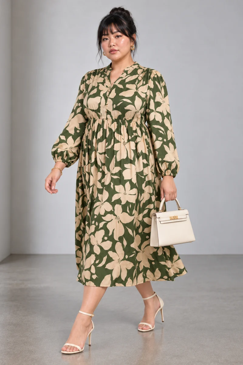 Niun|Viscose Split V Neck Midi Dress