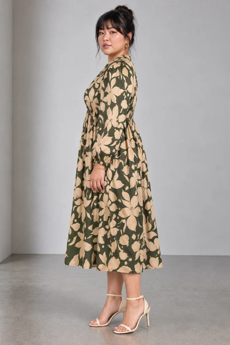 Niun|Viscose Split V Neck Midi Dress
