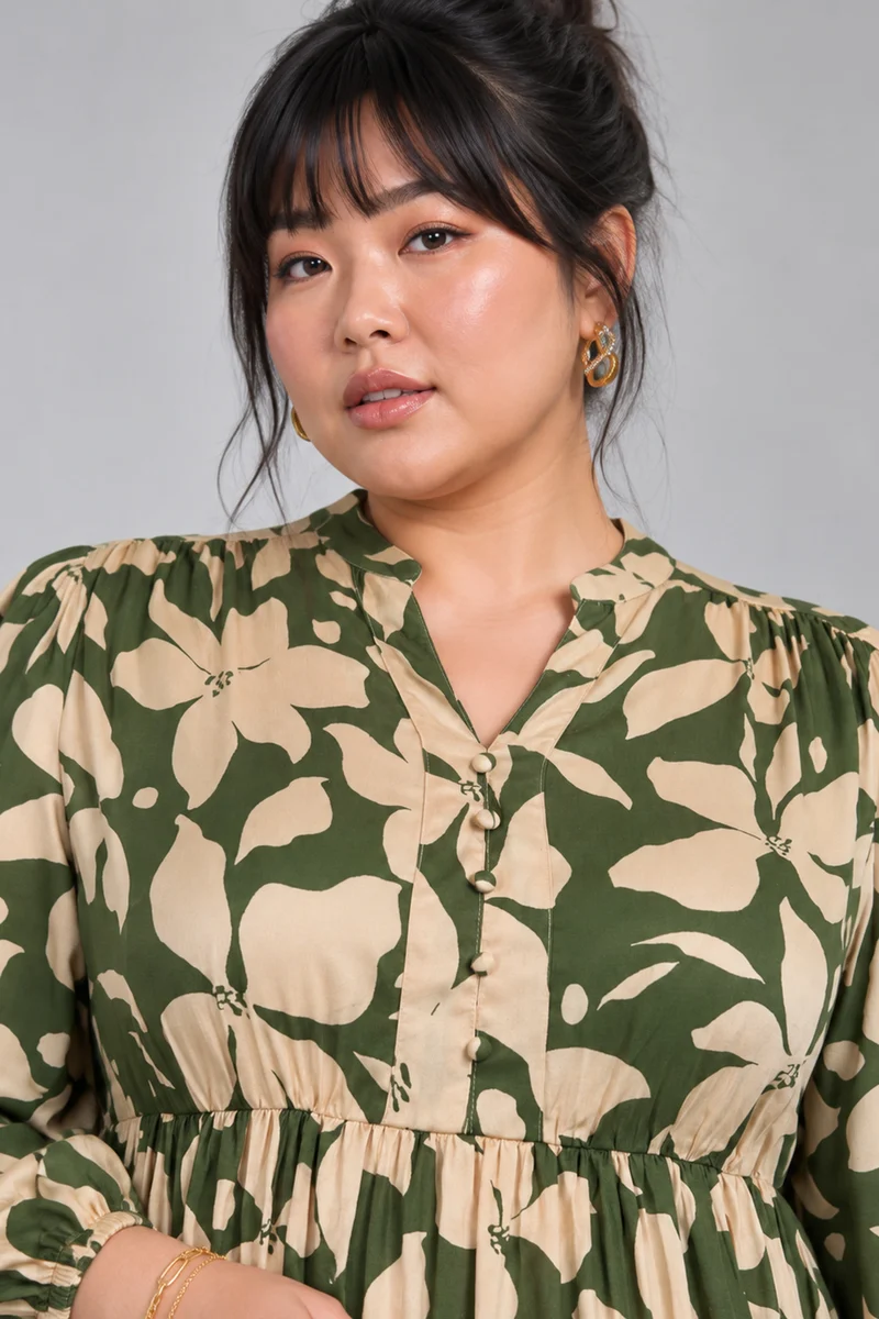 Niun|Viscose Split V Neck Midi Dress