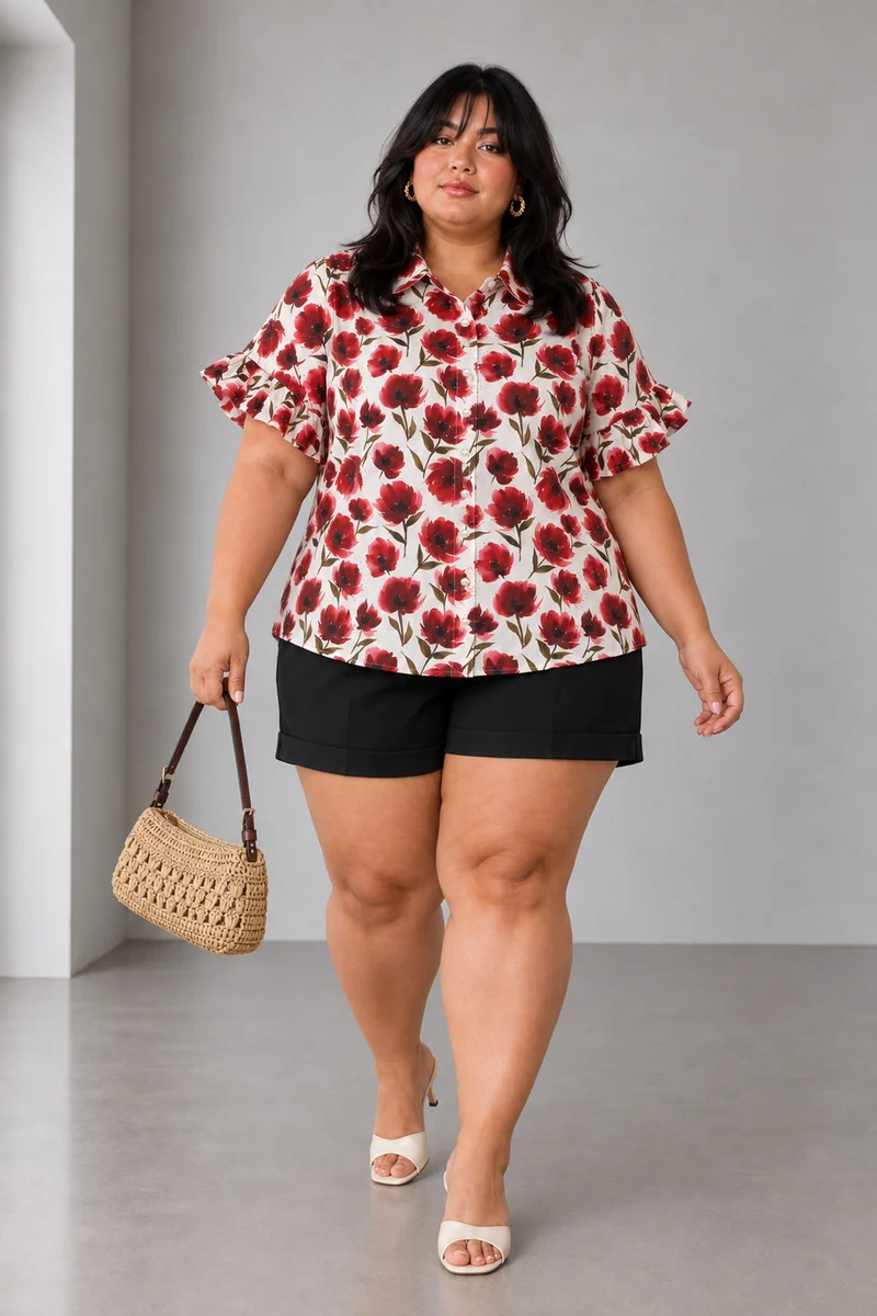 Rosira|Poppy Print Buttonfront Frill Sleeve Shirt