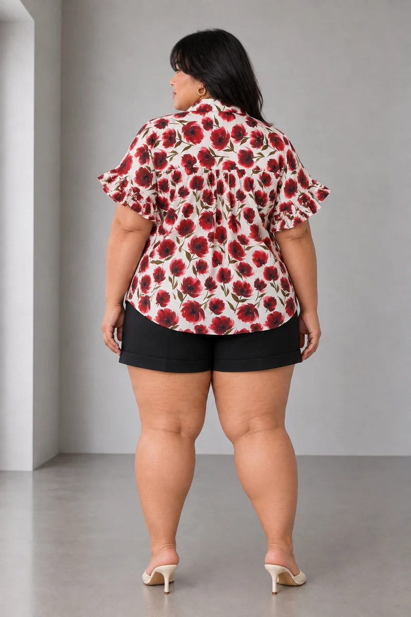 Rosira|Poppy Print Buttonfront Frill Sleeve Shirt