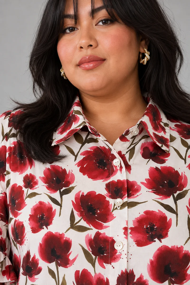 Rosira|Poppy Print Buttonfront Frill Sleeve Shirt