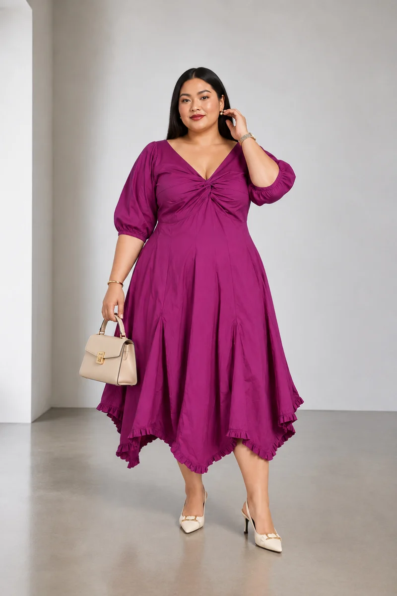 Azora|Cotton V Neck Twist Front Midi Dress
