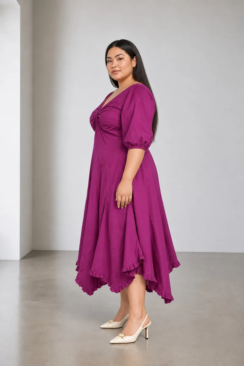 Azora|Cotton V Neck Twist Front Midi Dress