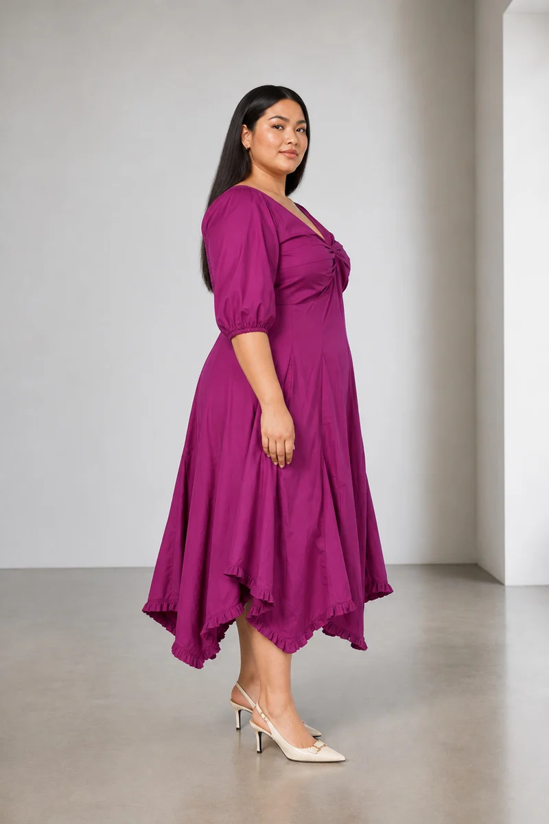 Azora|Cotton V Neck Twist Front Midi Dress