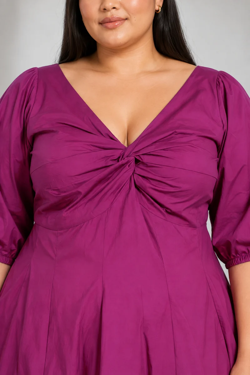 Azora|Cotton V Neck Twist Front Midi Dress