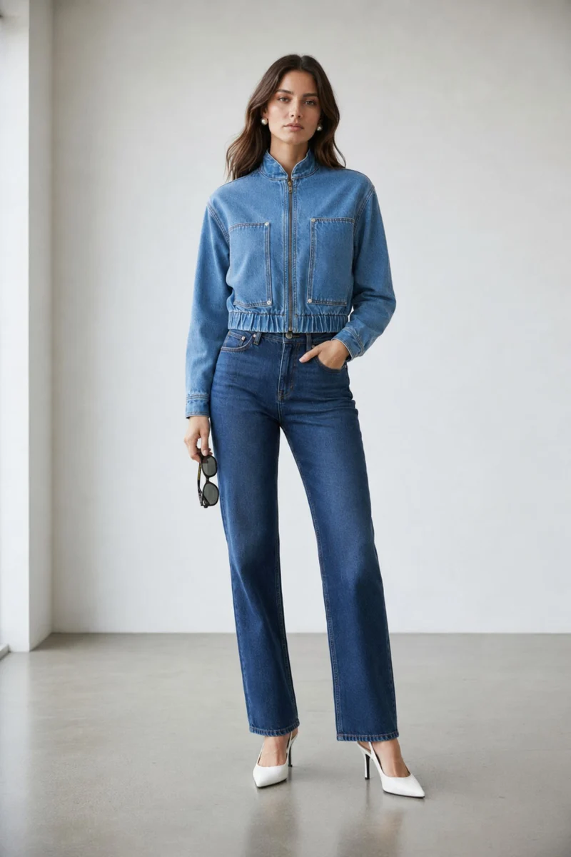 Wina|100% Cotton Denim Bomber Jacket