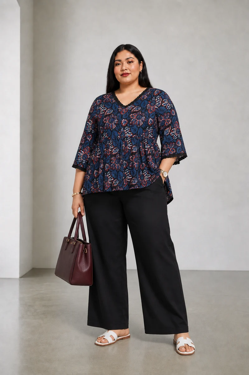 Utamni|Cotton Peplum Lace Insert Top
