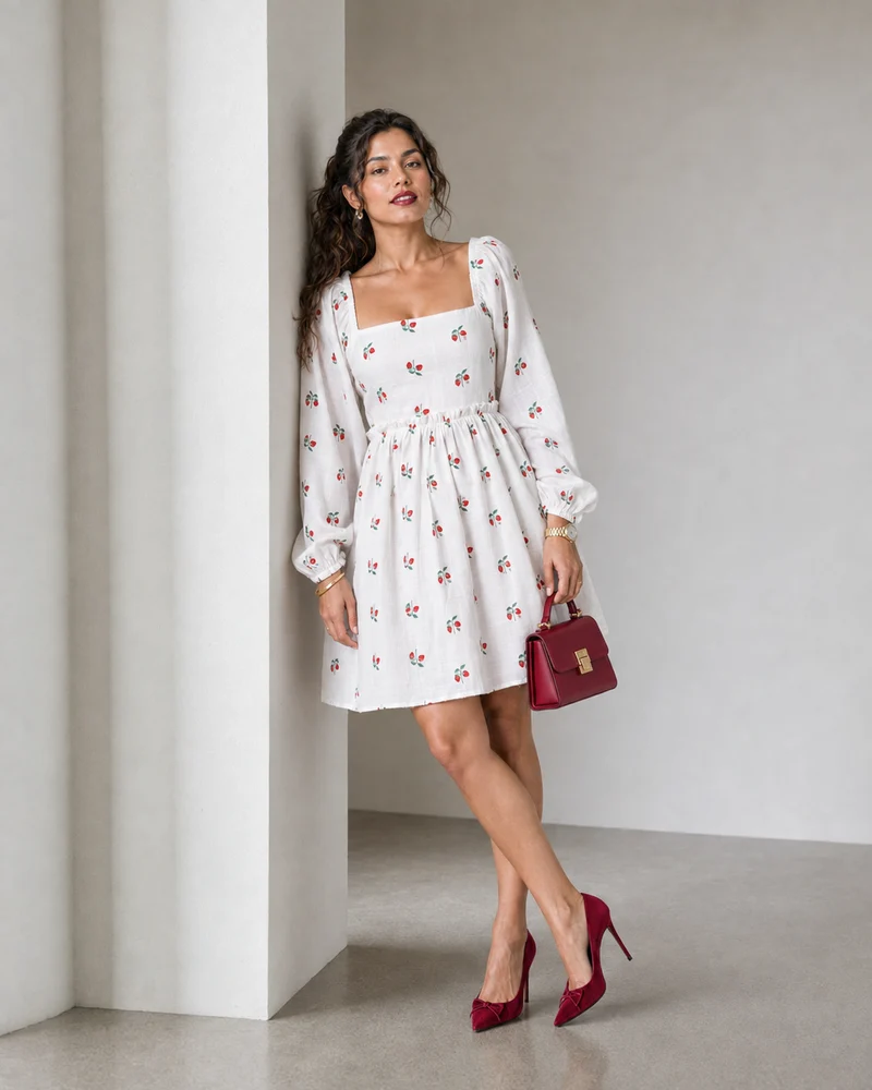 Samiu|Viscose Strawberry Printed Smocked Mini Dress