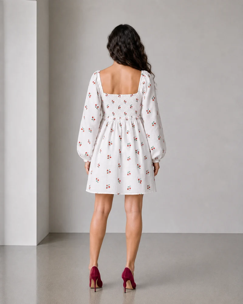 Samiu|Viscose Strawberry Printed Smocked Mini Dress