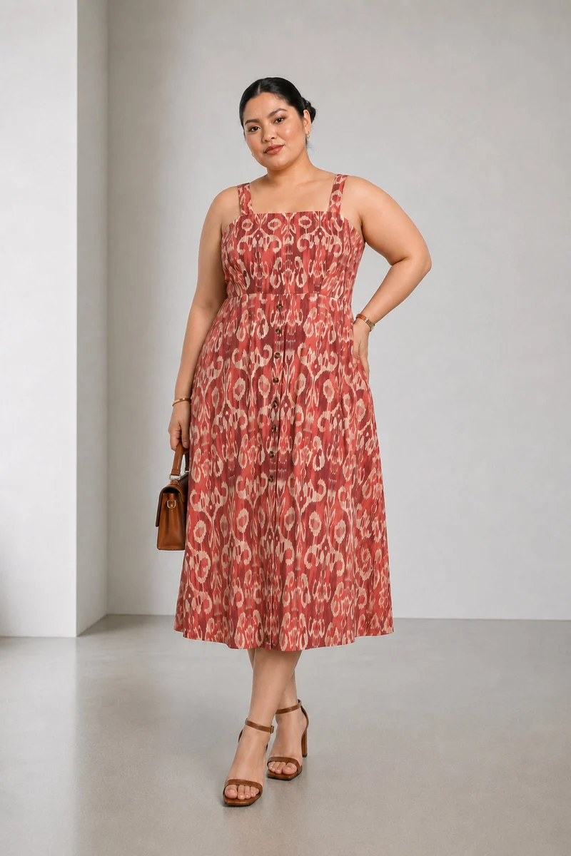 Sanimi|Cotton Square Neck Midi Dress