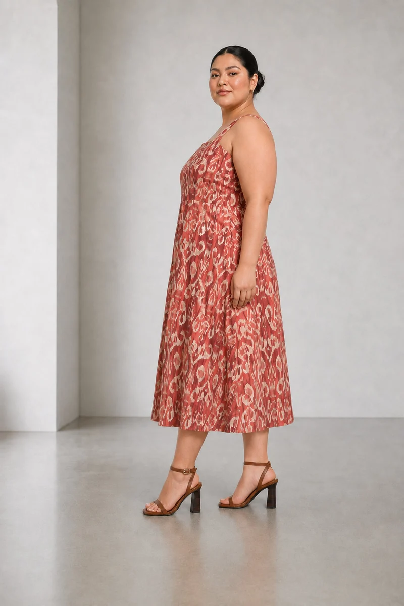 Sanimi|Cotton Square Neck Midi Dress