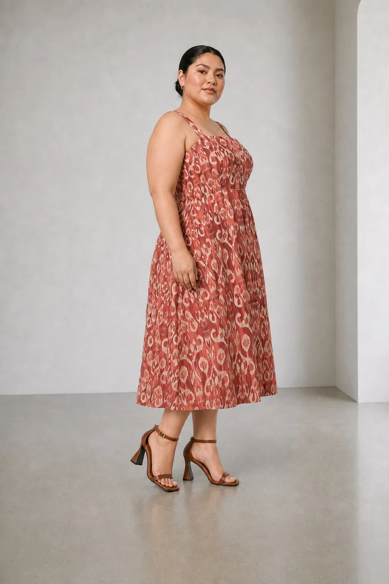 Sanimi|Cotton Square Neck Midi Dress