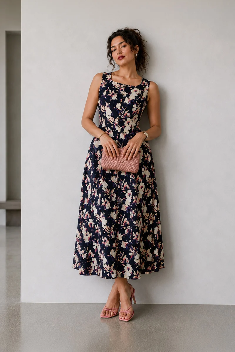 Neai|Viscose Print Fit Flare Midi Dress