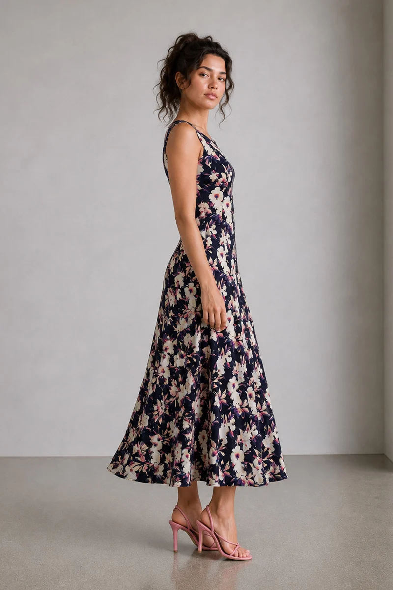 Neai|Viscose Print Fit Flare Midi Dress