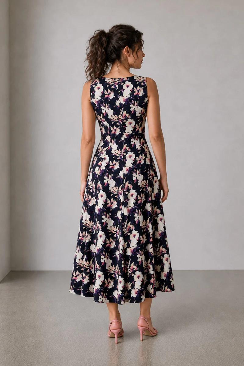 Neai|Viscose Print Fit Flare Midi Dress