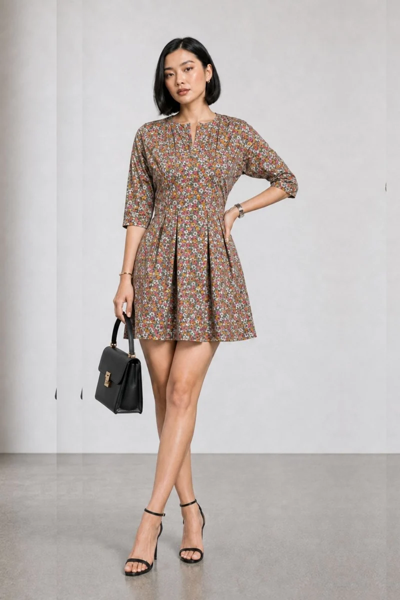 Talora|Cotton Split Crew Neck Pleated Mini Dress