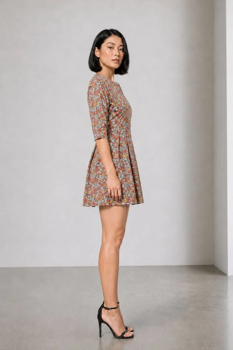 Talora|Cotton Split Crew Neck Pleated Mini Dress