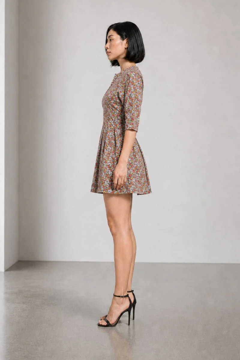 Talora|Cotton Split Crew Neck Pleated Mini Dress