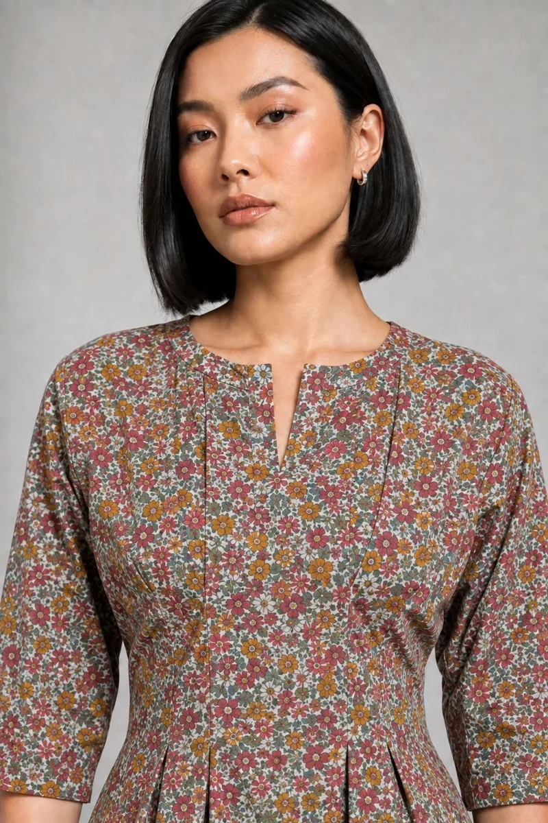 Talora|Cotton Split Crew Neck Pleated Mini Dress