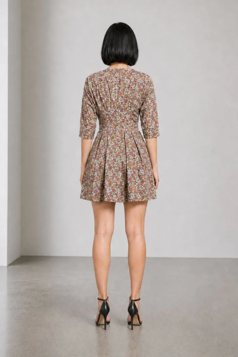 Talora|Cotton Split Crew Neck Pleated Mini Dress