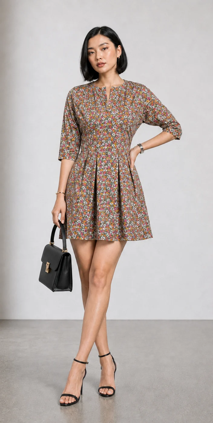 Talora|Cotton Split Crew Neck Pleated Mini Dress