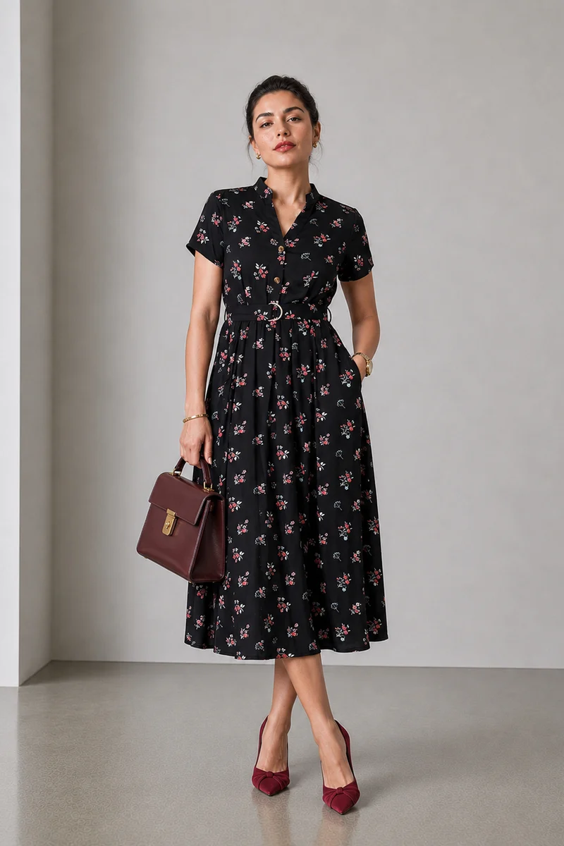 Cresta|Viscose Mandarin Collar Belted Midi Dress