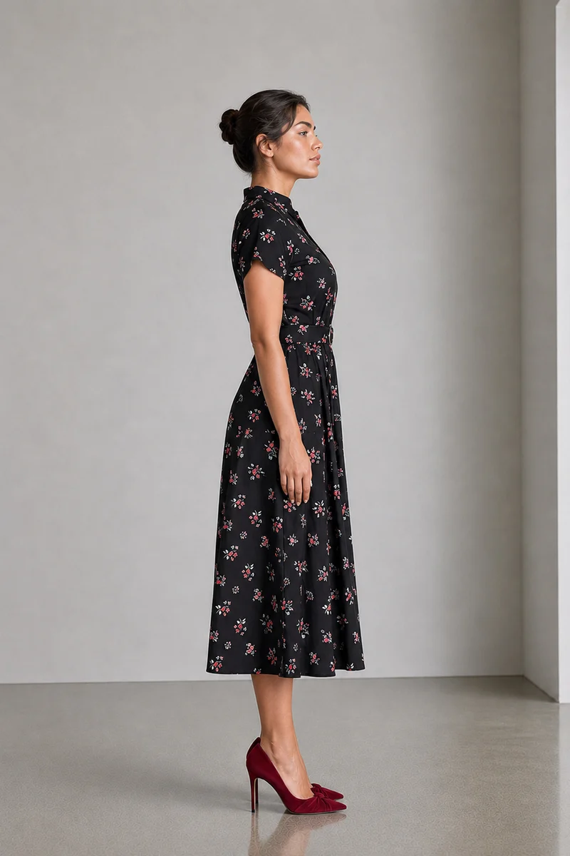 Cresta|Viscose Mandarin Collar Belted Midi Dress