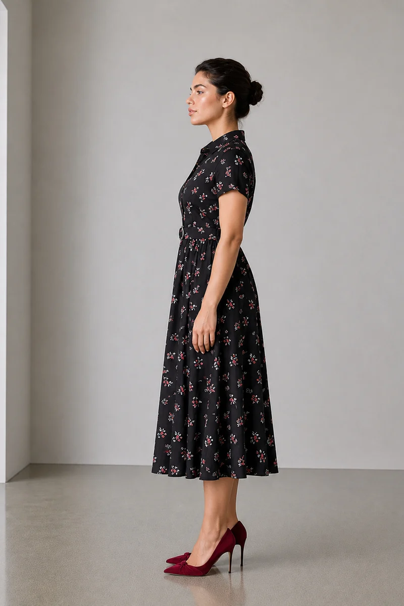 Cresta|Viscose Mandarin Collar Belted Midi Dress
