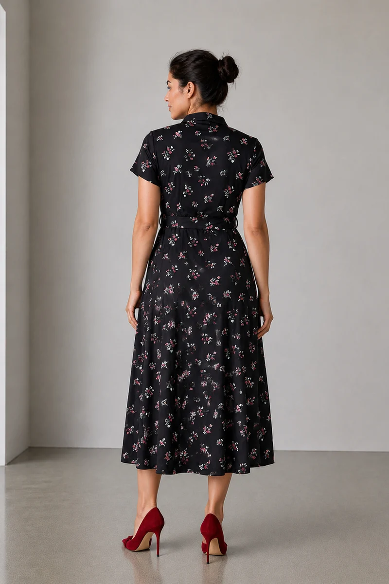 Cresta|Viscose Mandarin Collar Belted Midi Dress