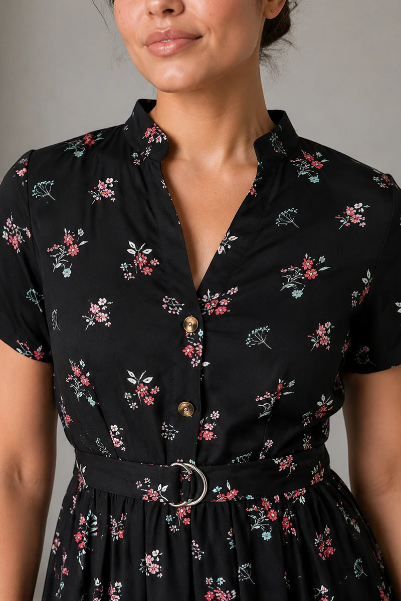 Cresta|Viscose Mandarin Collar Belted Midi Dress