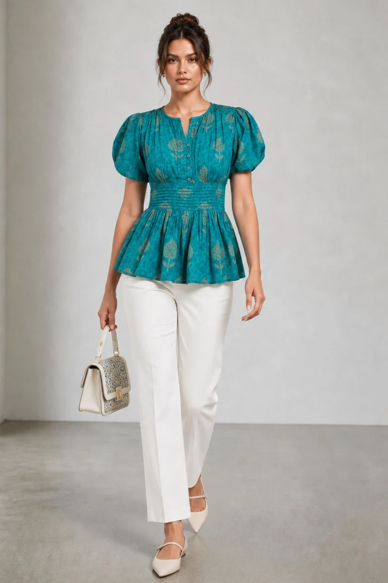 Paveli|Cotton Pintuck Detail Peplum Top