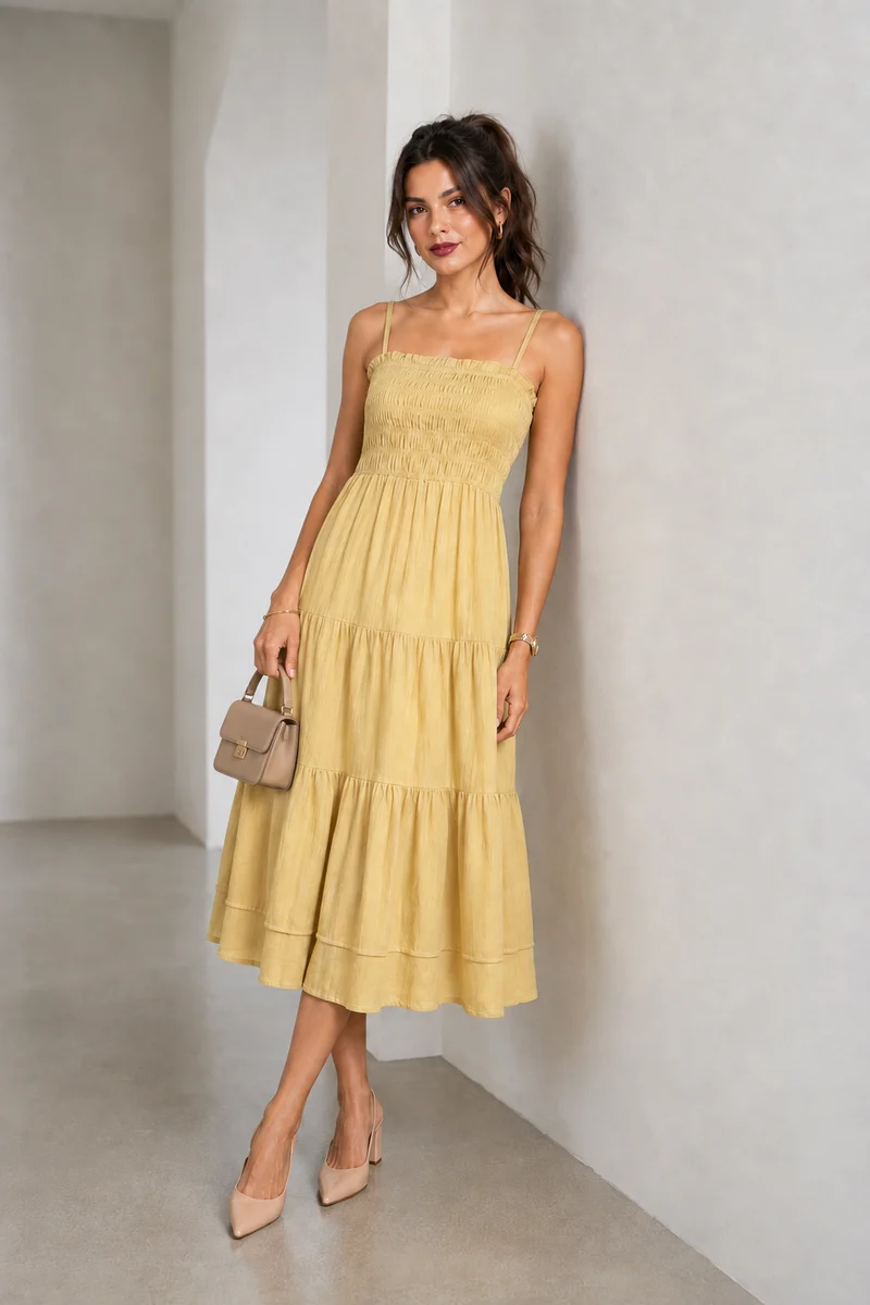 Serein|Cotton Smocked Layered Midi Dress
