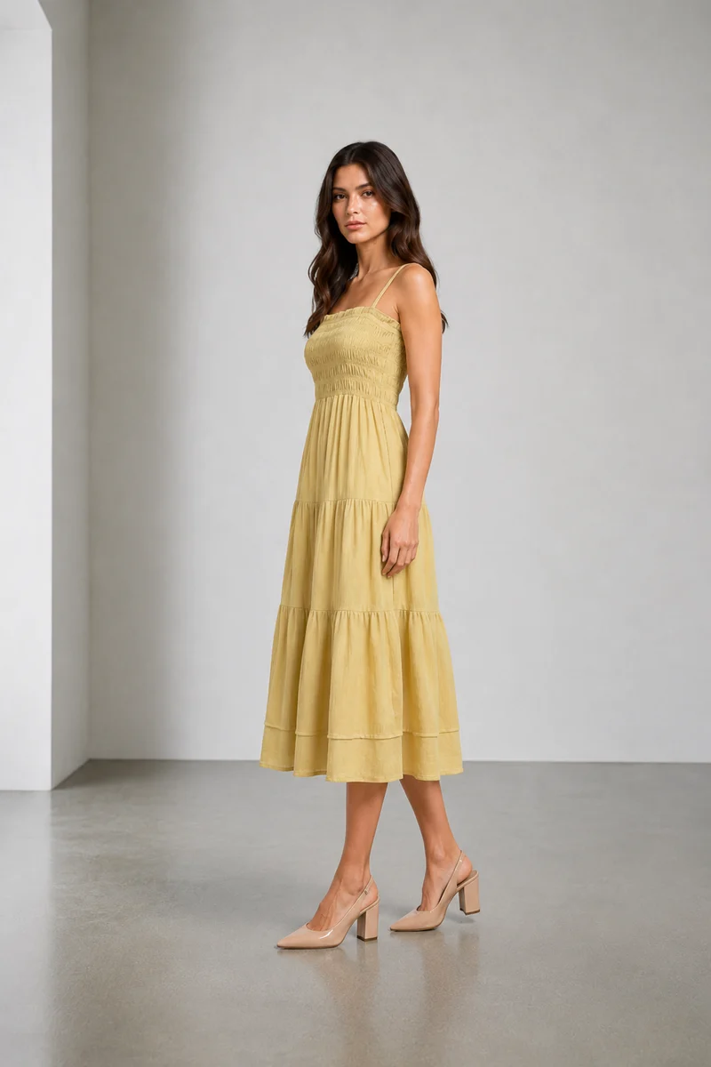 Serein|Cotton Smocked Layered Midi Dress